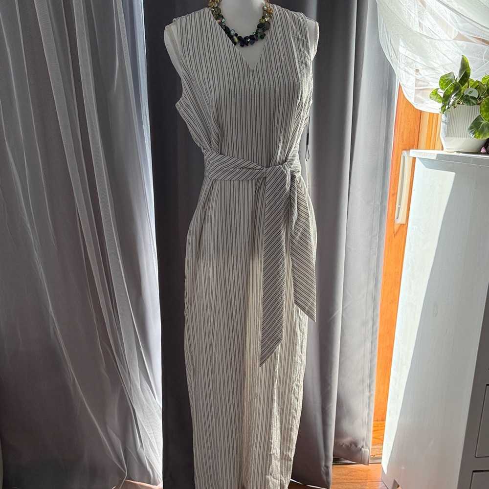 Calvin Klein Ivory and Gray Striped Sleeveless Maxi Jumpsuit with Tie Waist